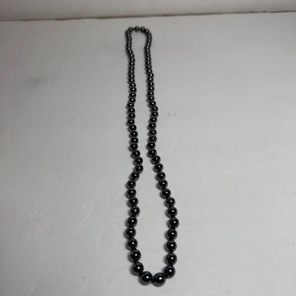 Vintage Black Hematite Graduated Bead Necklace Knotted 28" No Clasp Polished